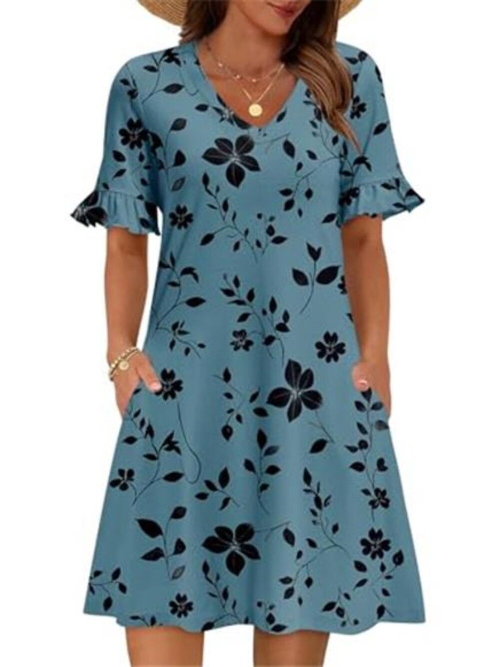 Summer Casual Dresses for Women A Line Sun Dress Ruffle Short Sleeve V Neck